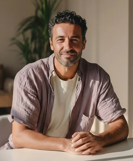 Мужчина с бородой сидит на диване и улыбается