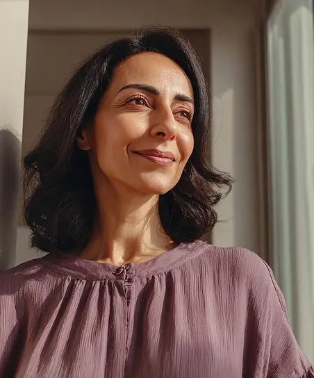 Девочка лежит на кровати и смотрит на умную колонку с экраном