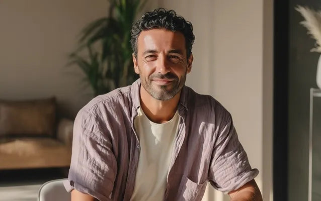 Мужчина с бородой сидит на диване и улыбается