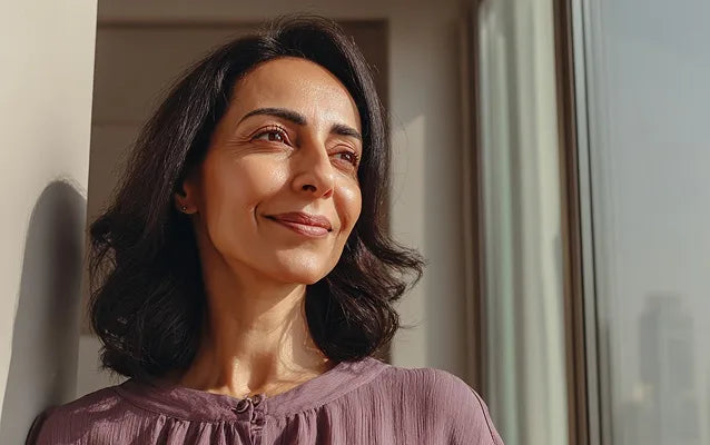 Девочка лежит на кровати и смотрит на умную колонку с экраном