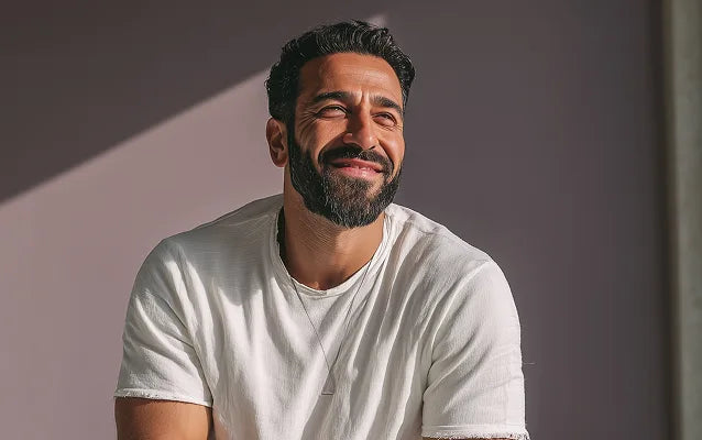 Женщина улыбается, сидя на кровати, тёплый домашний интерьер