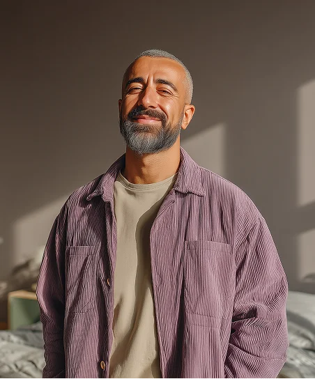 Мужчина с бородой сидит на диване и улыбается