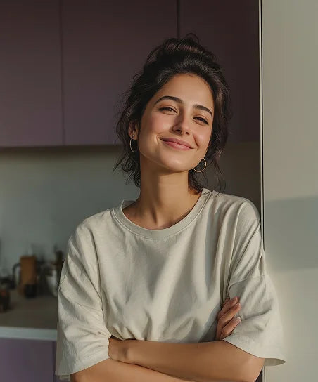 Девочка лежит на кровати и смотрит на умную колонку с экраном