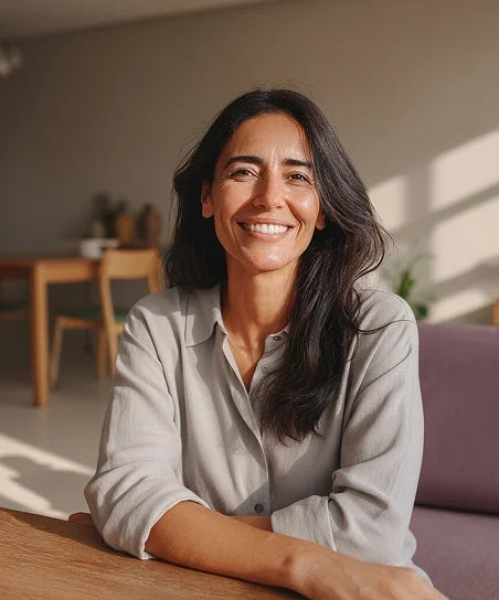 Мужчина сидит боком, разговаривает и улыбается