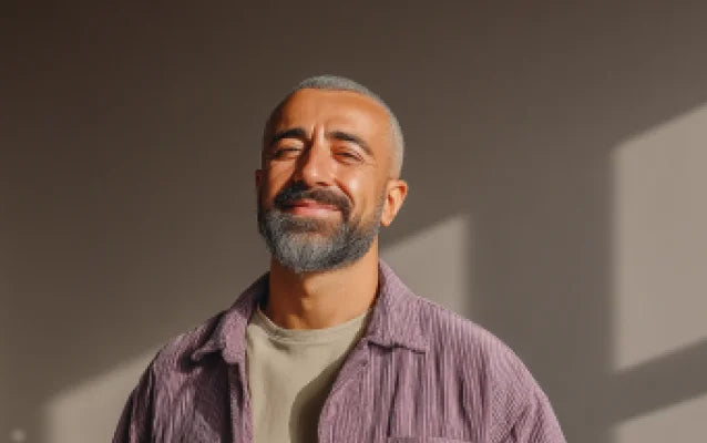 Мужчина с бородой сидит на диване и улыбается