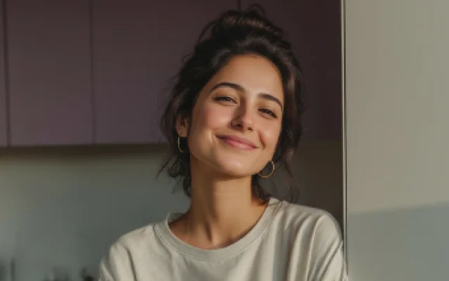 Девочка лежит на кровати и смотрит на умную колонку с экраном