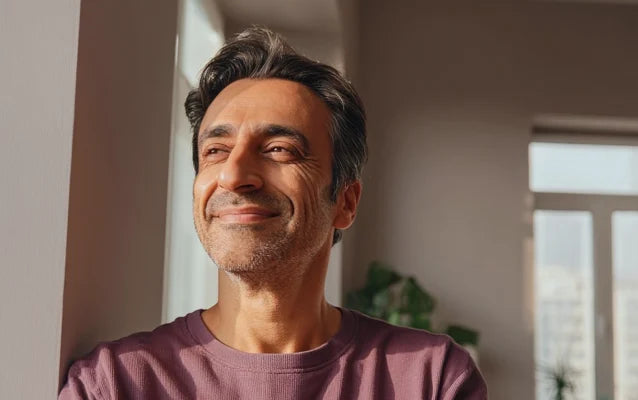 Женщина улыбается, сидя на кровати, тёплый домашний интерьер