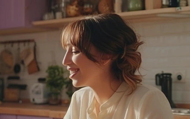 Женщина сидит на кухне, разговаривает с кем-то и улыбается