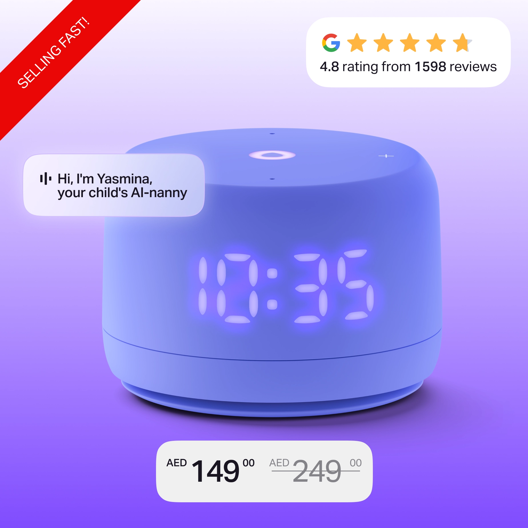 Умная колонка с цифровыми часами и акцией со скидкой 149 вместо 249, фон в фирменных цветах