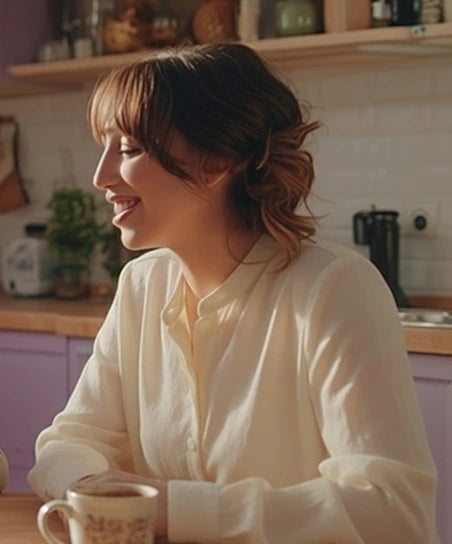 Женщина сидит на кухне, разговаривает с кем-то и улыбается