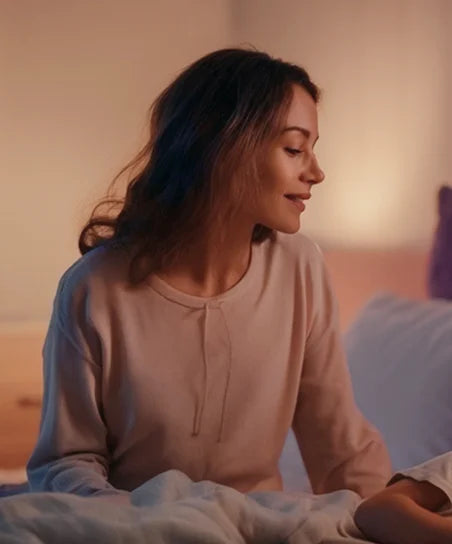 Женщина улыбается, сидя на кровати, тёплый домашний интерьер