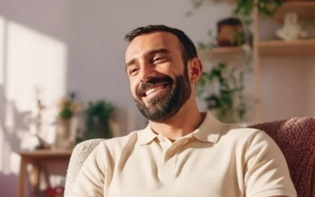 Мужчина с бородой сидит на диване и улыбается